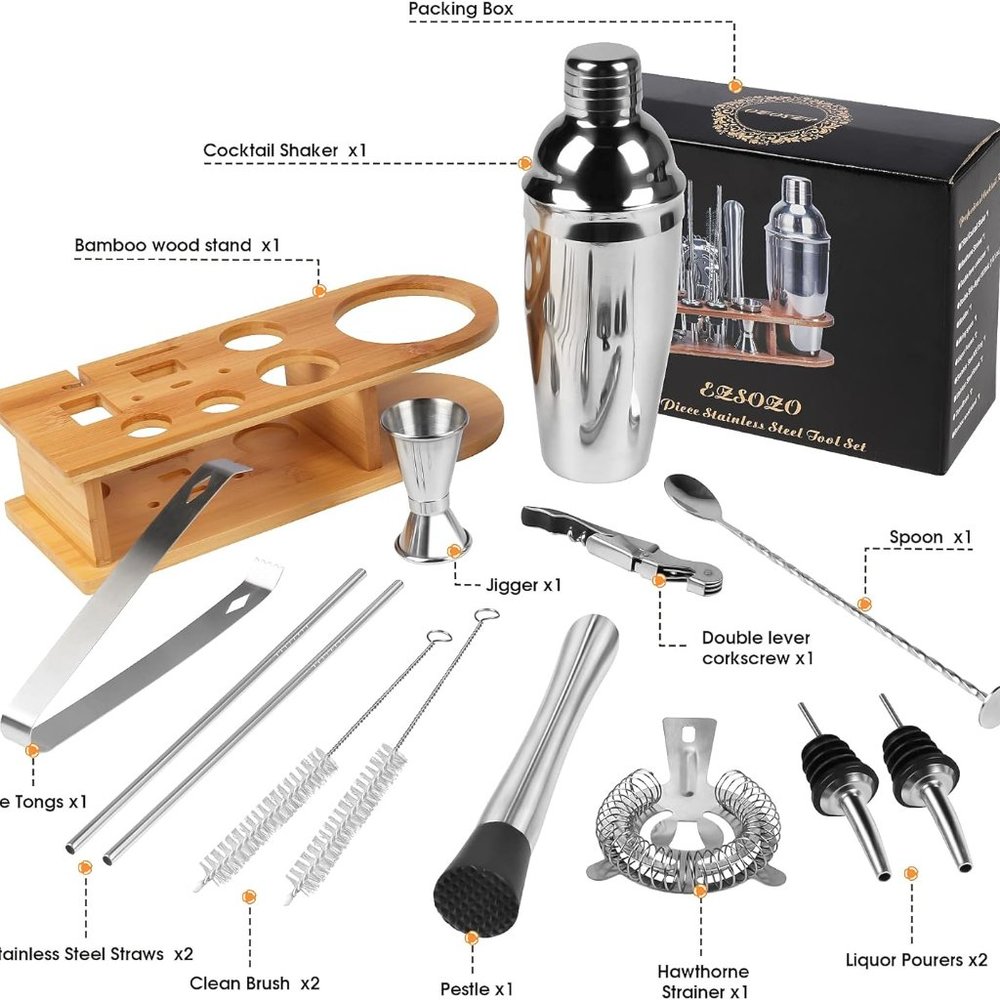 Cocktail Shaker Set, EZSOZO Bartender Kit with Stand, 14-Piece Bar Kit,